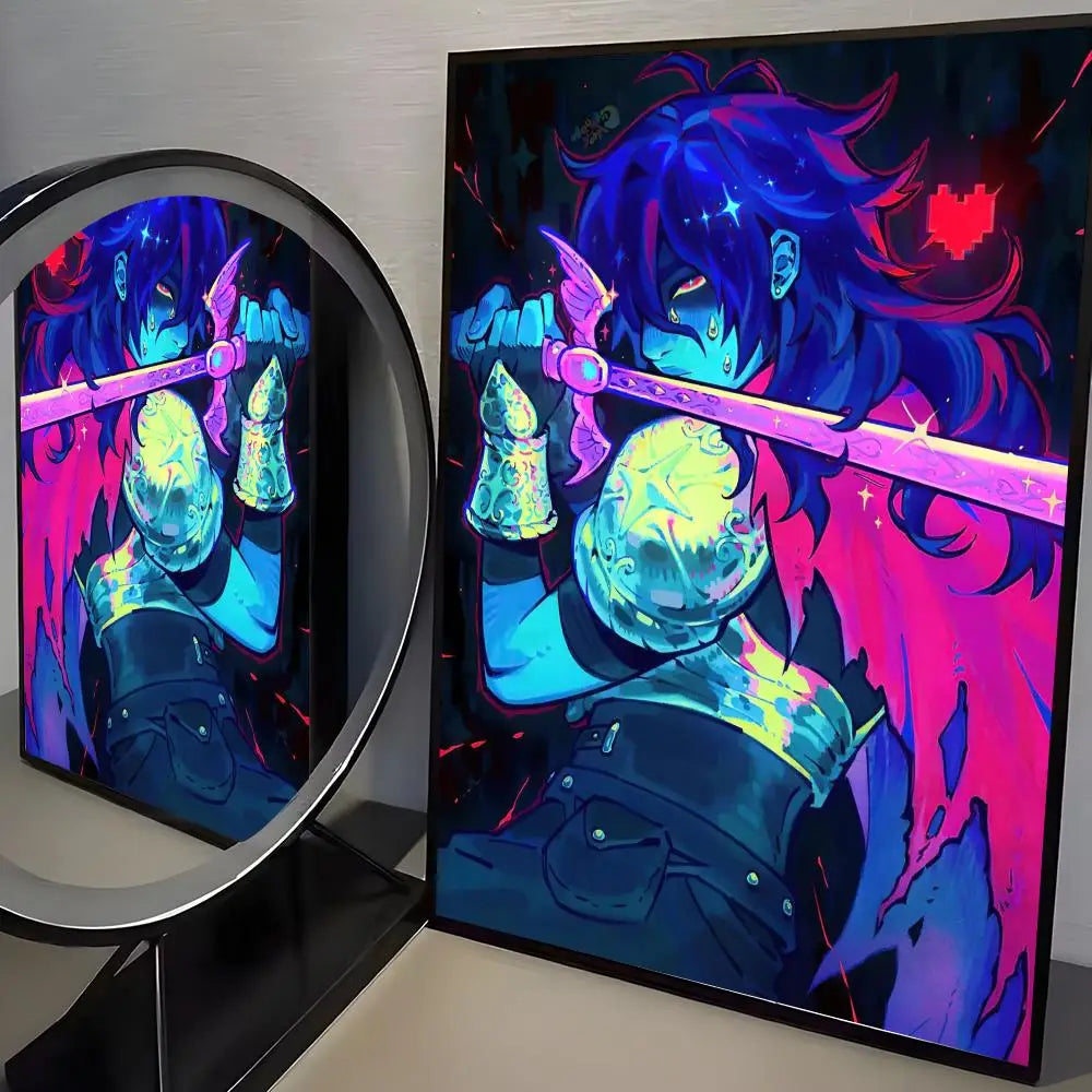 A dark fantasy illustration featuring a character with vibrant blue hair and glowing eyes, wielding a purple sword against a 