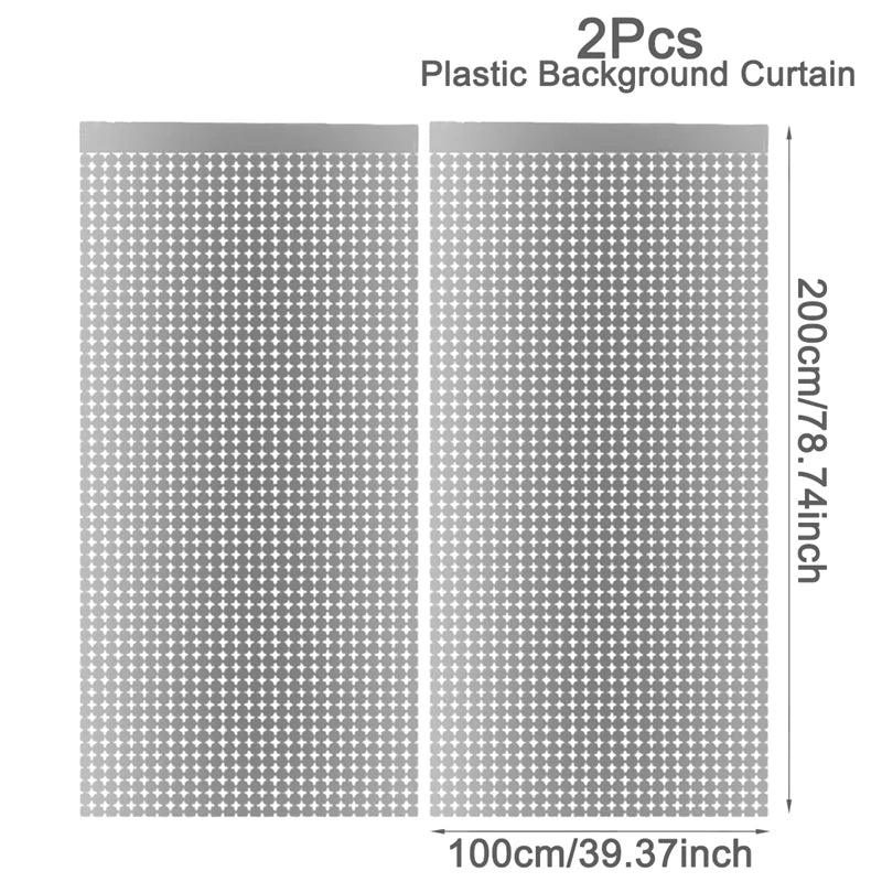 Two pieces of plastic background curtain with a sequin glitter pattern, measuring 100cm wide by 200cm high.
