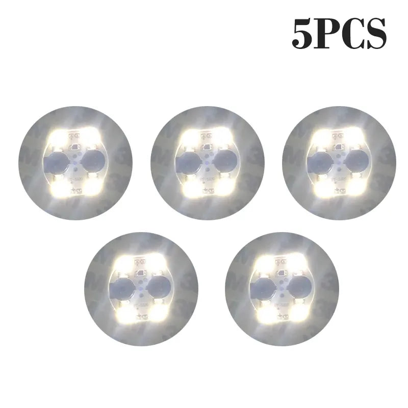 Five circular luminous LED coaster lights designed for bottles and glasses.