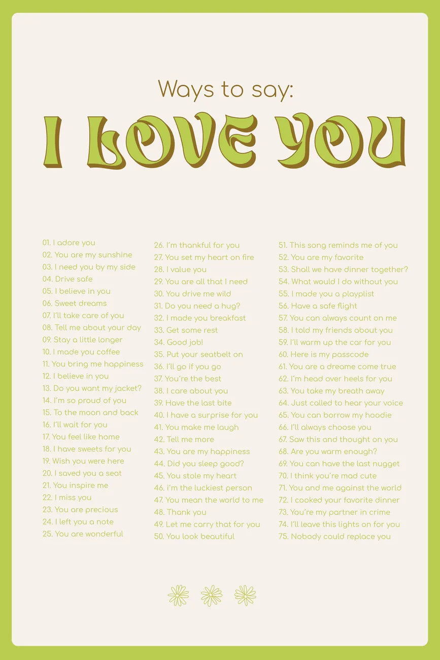 A list of 50 ways to say I love you written in green text on a light yellow background.