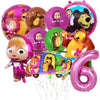 A set of pink and brown themed party decor featuring characters Masha and Bear, including balloons and decorations.