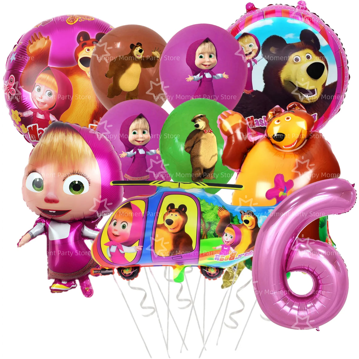 A set of pink and brown themed party decor featuring characters Masha and Bear, including balloons and decorations.