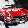 A vibrant red classic sports car with a black convertible top is depicted in an expressive oil painting style.