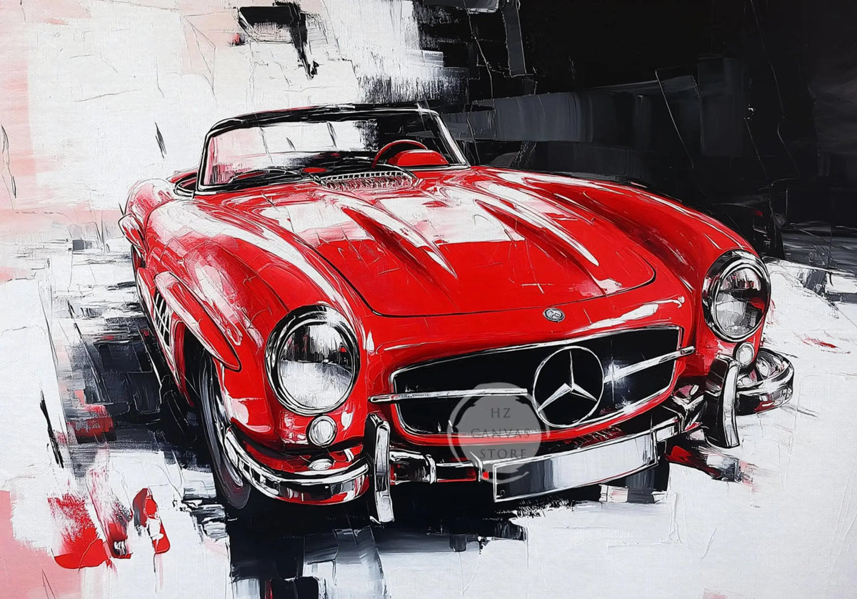 A vibrant red classic sports car with a black convertible top is depicted in an expressive oil painting style.