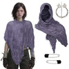 A purple hooded cloak cape with fringed edges and a silver Viking brooch displayed on a model.
