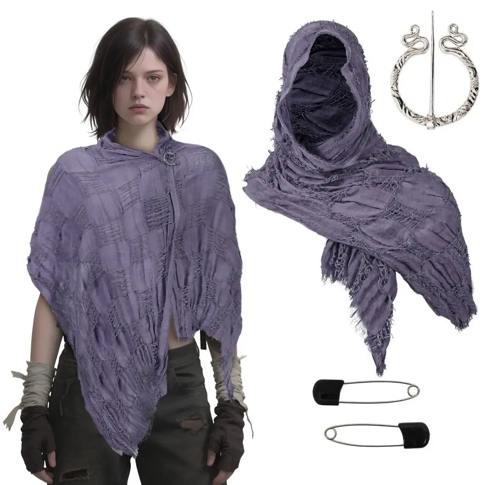 A purple hooded cloak cape with fringed edges and a silver Viking brooch displayed on a model.