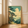 Frameless Japanese tree art canvas print featuring pine trees and misty mountains in a vertical orientation