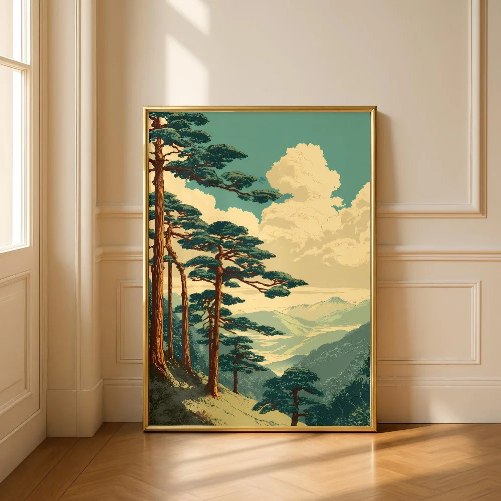 Frameless Japanese tree art canvas print featuring pine trees and misty mountains in a vertical orientation