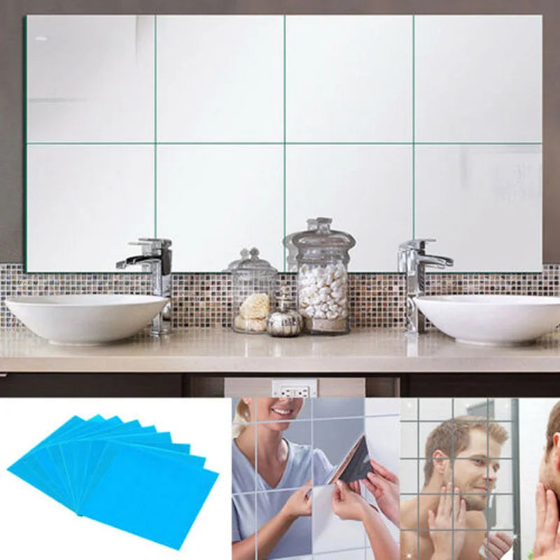 Decorative acrylic mirror mosaic tiles displayed in a bathroom vanity setting.