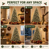A variety of flocked artificial Christmas trees displayed in different indoor and outdoor settings.