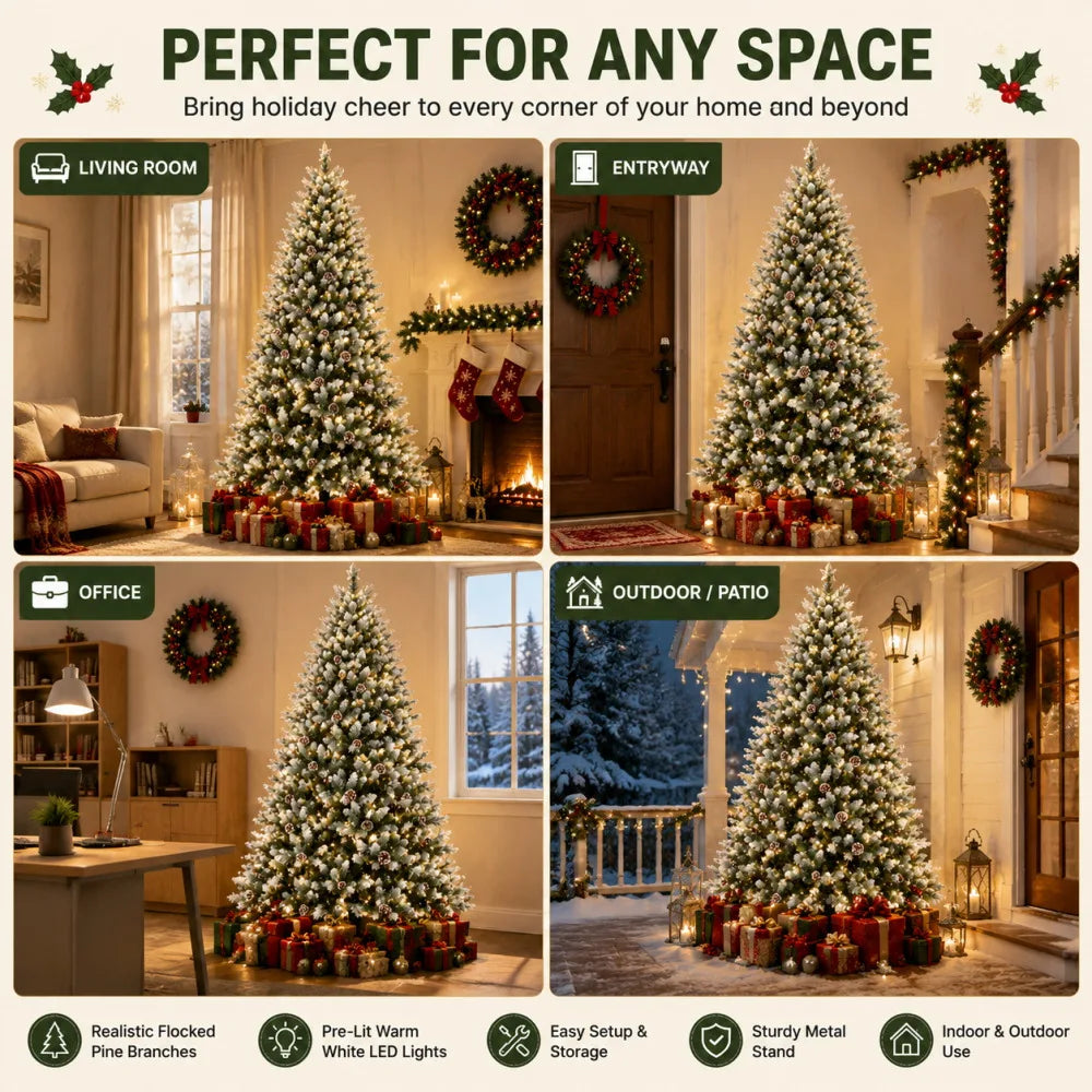 A variety of flocked artificial Christmas trees displayed in different indoor and outdoor settings.
