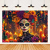 A vibrant Day of the Dead fiesta photo backdrop featuring a colorful floral skull design with intricate details.