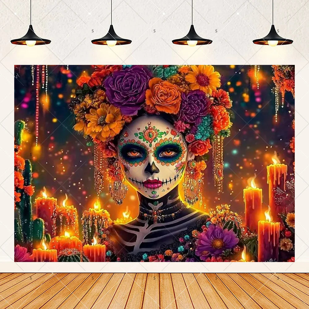 A vibrant Day of the Dead fiesta photo backdrop featuring a colorful floral skull design with intricate details.