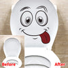 Before and after comparison of a funny cartoon face toilet decal applied to a white toilet bowl.