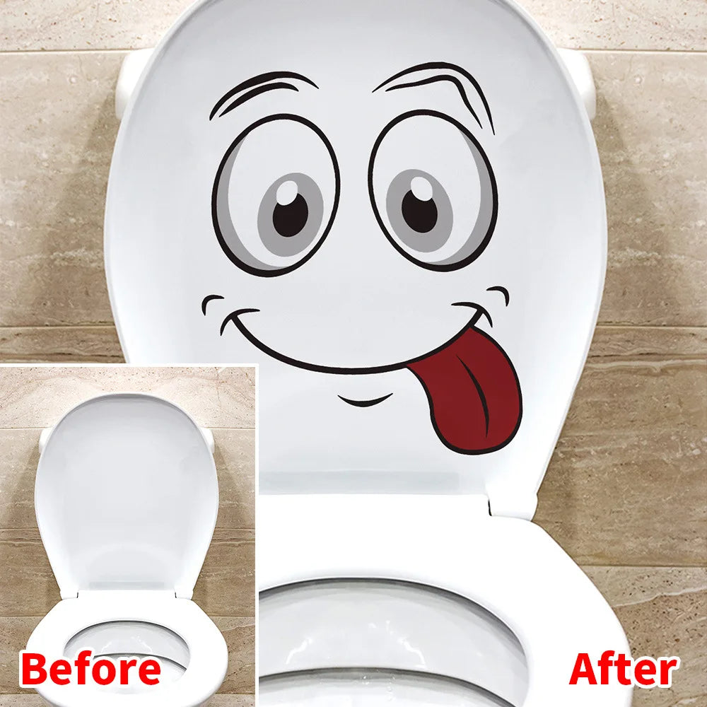 Before and after comparison of a funny cartoon face toilet decal applied to a white toilet bowl.