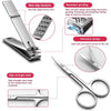 Stainless steel manicure and pedicure kit with various tools shown alongside features like non-slip texture and secondary gri