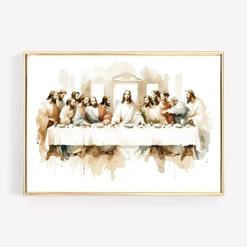 Watercolor painting of Jesus and shepherds gathered around a table in an ancient setting.