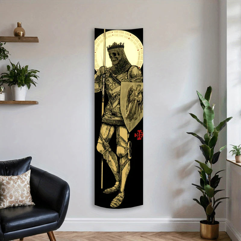 Vertikales Wandbild mit einem Ritter in Rüstung und Krone sowie Schild in Goldtönen vor Schwarz