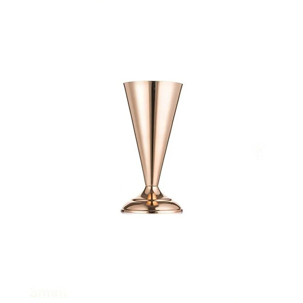 A tall, elegant golden silver wedding flower vase with a flared opening.