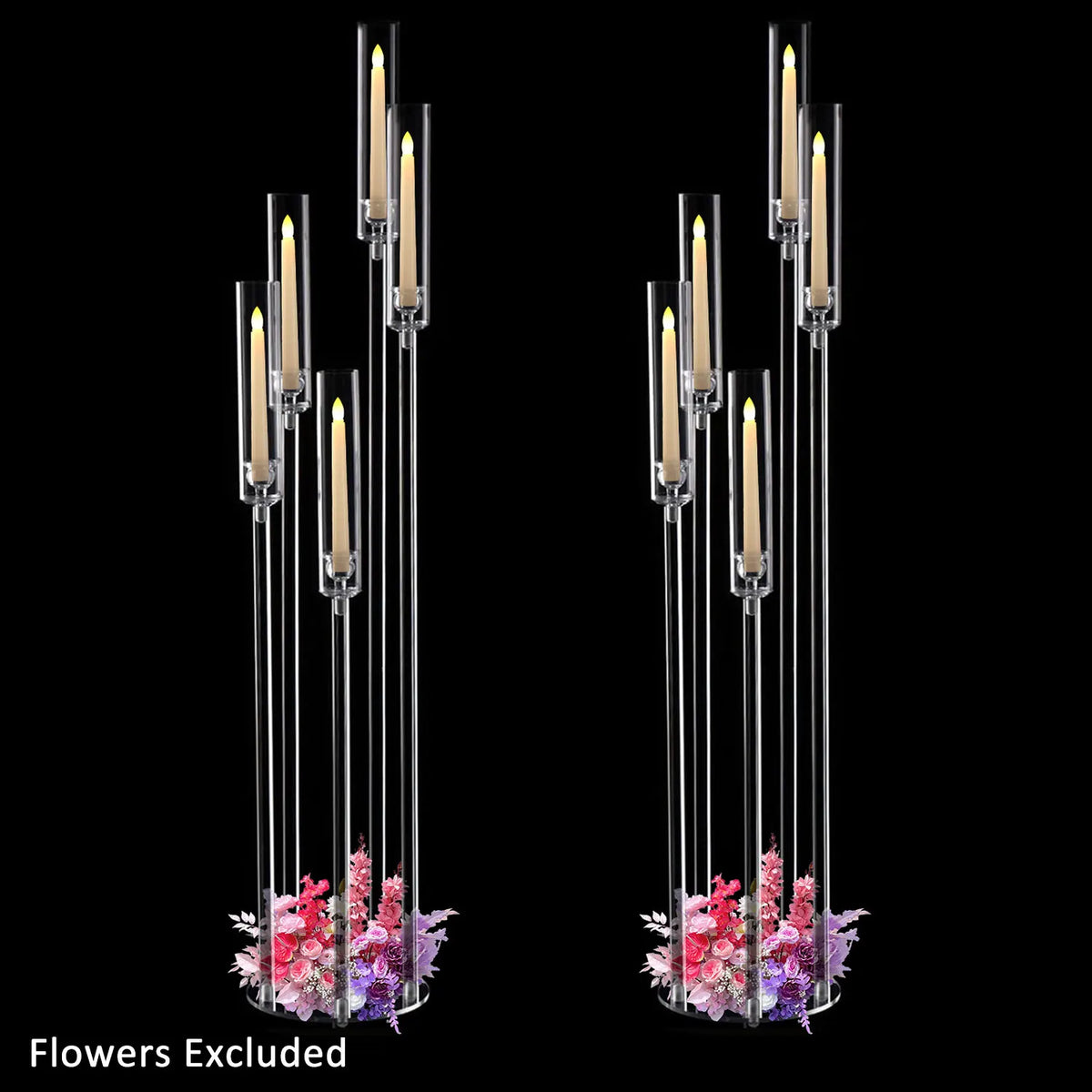 Tall 5-arm acrylic candelabra with floral arrangements for weddings and home decor