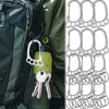 Stainless steel keychain with multi-loop design shown attached to a green backpack
