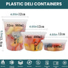 A set of plastic deli containers in various sizes, including 8 oz, 16 oz, and 32 oz, shown side by side.