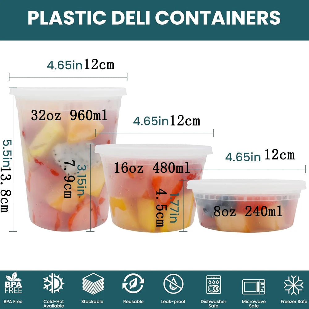 A set of plastic deli containers in various sizes, including 8 oz, 16 oz, and 32 oz, shown side by side.