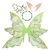 A set of pink and green butterfly wings and a flower crown for an enchanted fairy costume.