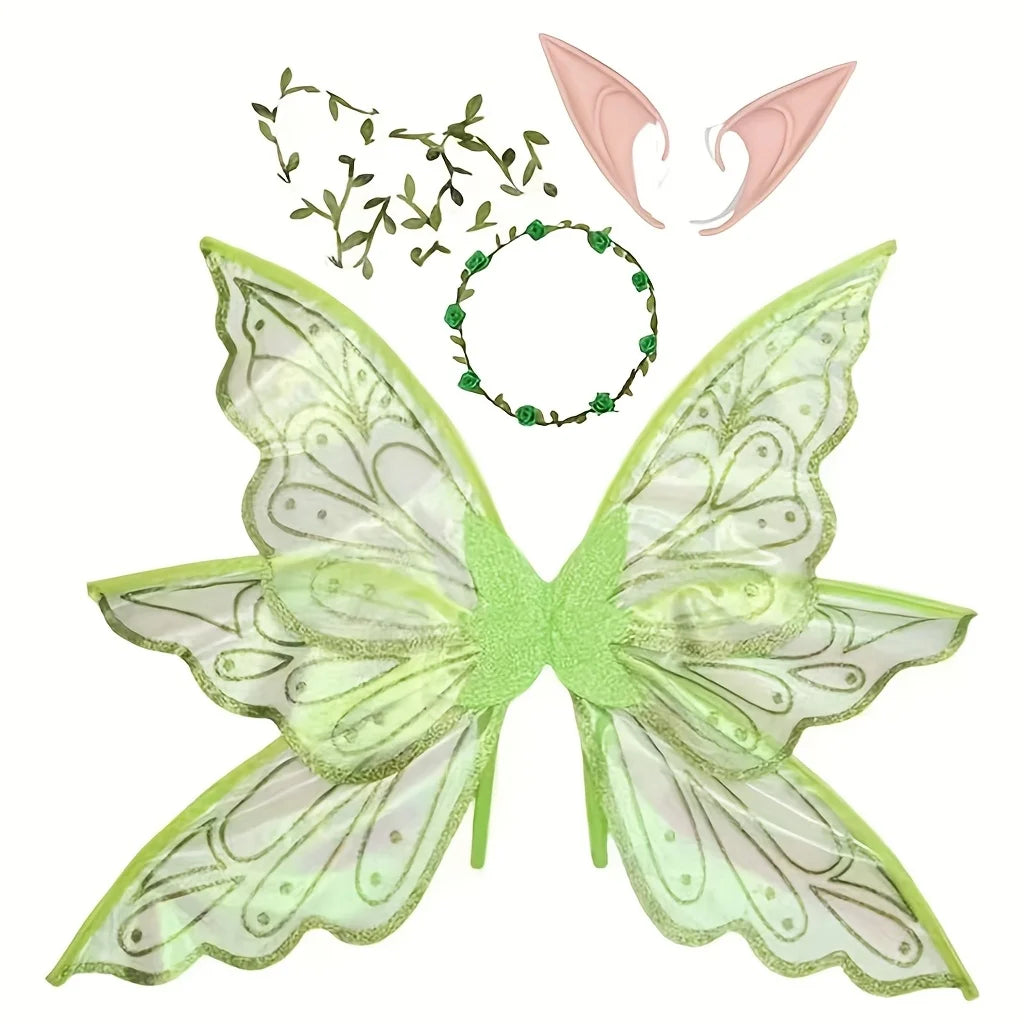 A set of pink and green butterfly wings and a flower crown for an enchanted fairy costume.