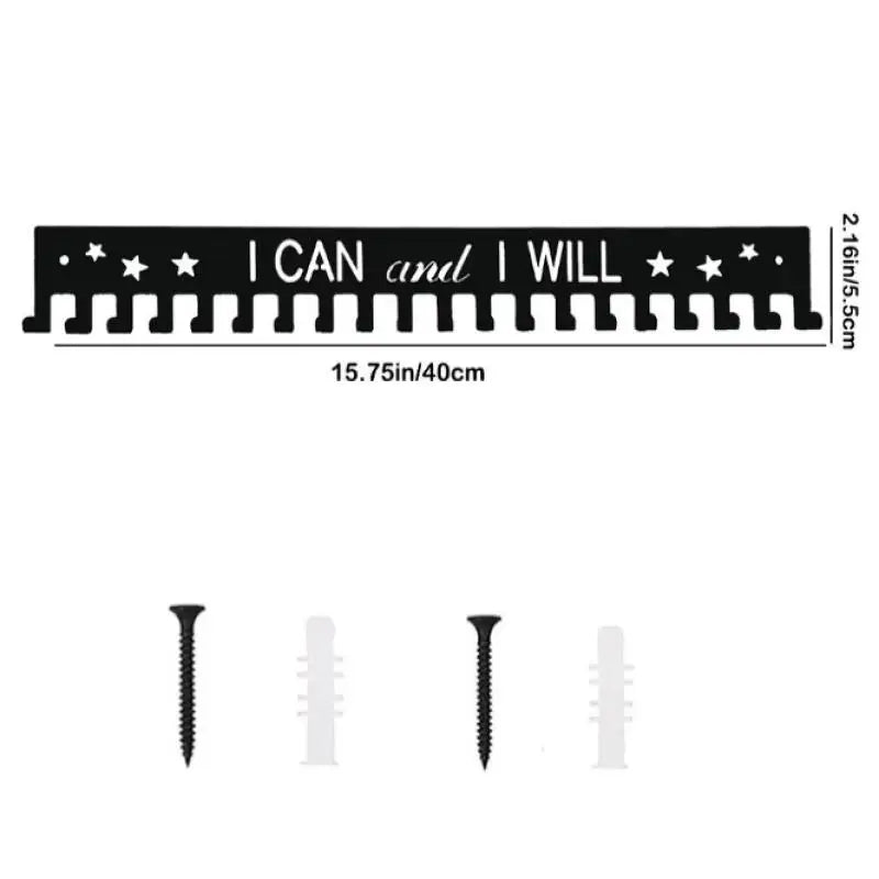 Black metal medal display rack with text I CAN and I WILL