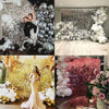 A collage of glitter square wall backdrop panels featuring silver and white balloons and a gold sequin background.