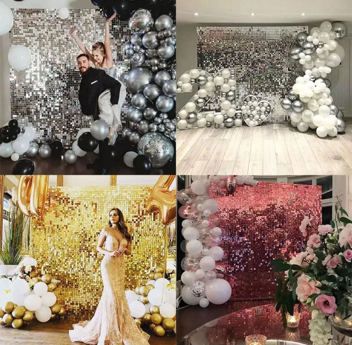 A collage of glitter square wall backdrop panels featuring silver and white balloons and a gold sequin background.