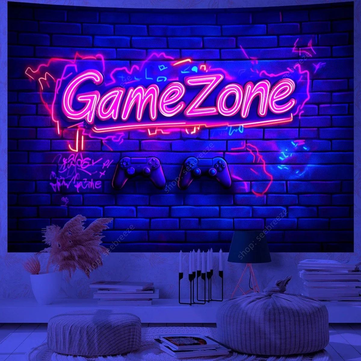 A neon sign spelling GameZone is displayed on a brick wall with glowing purple and blue lights, featuring two game controller