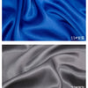 Two swatches of satin fabric, one royal blue and one gray, showing the drape and texture.