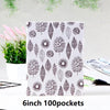 A white fabric pouch with a repeating pattern of various leaf shapes for storing photos.