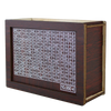 A wooden piggy bank with slots for coins, displaying various denominations of Euro currency.