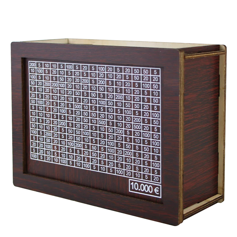 A wooden piggy bank with slots for coins, displaying various denominations of Euro currency.