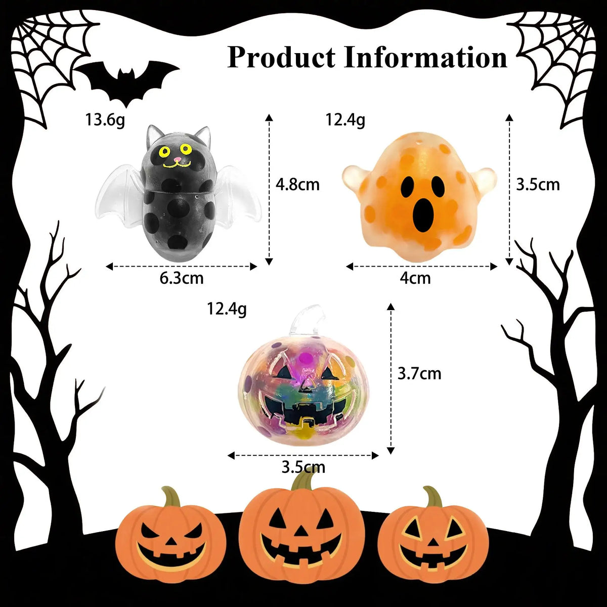 A collection of Halloween sensory squishy beads including a bat, a pumpkin, and several carved pumpkins.