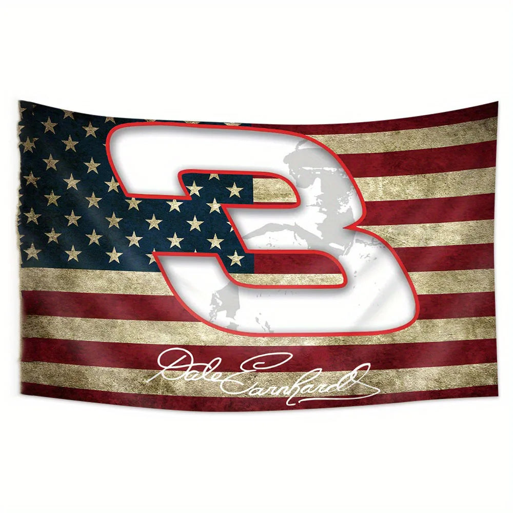 A racing flag banner featuring the number 3 and a silhouette of Dale Earnhardt on an American flag background.