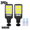 Two solar powered motion sensor security lights with 108 LED bulbs and remote controls