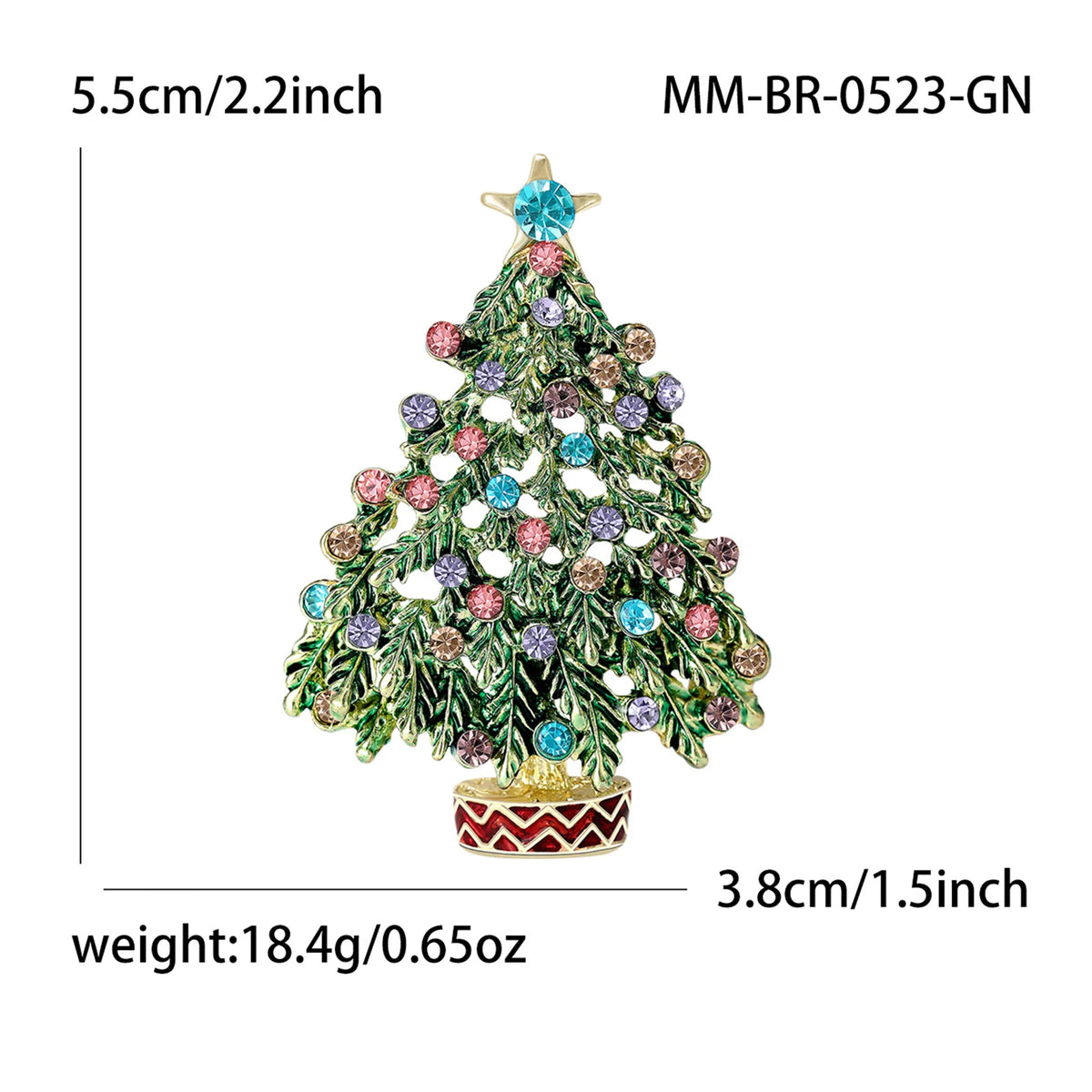 A sparkling rhinestone Christmas tree brooch pin with green foliage and colorful gems.