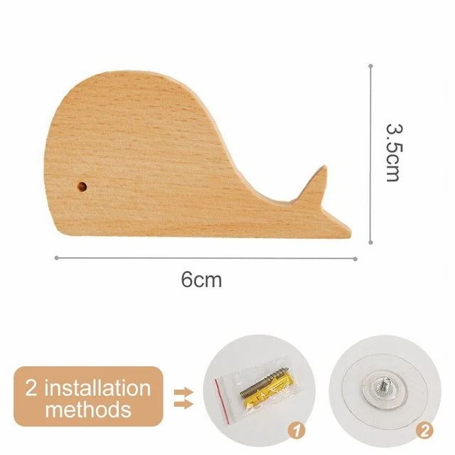 A light wood decorative animal hook with a hole, shown next to installation methods.
