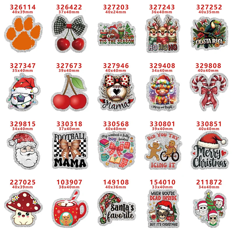 A collection of silver glitter Christmas acrylic charms for DIY hair bows featuring various holiday and seasonal designs.