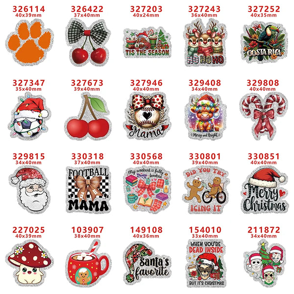 A collection of silver glitter Christmas acrylic charms for DIY hair bows featuring various holiday and seasonal designs.