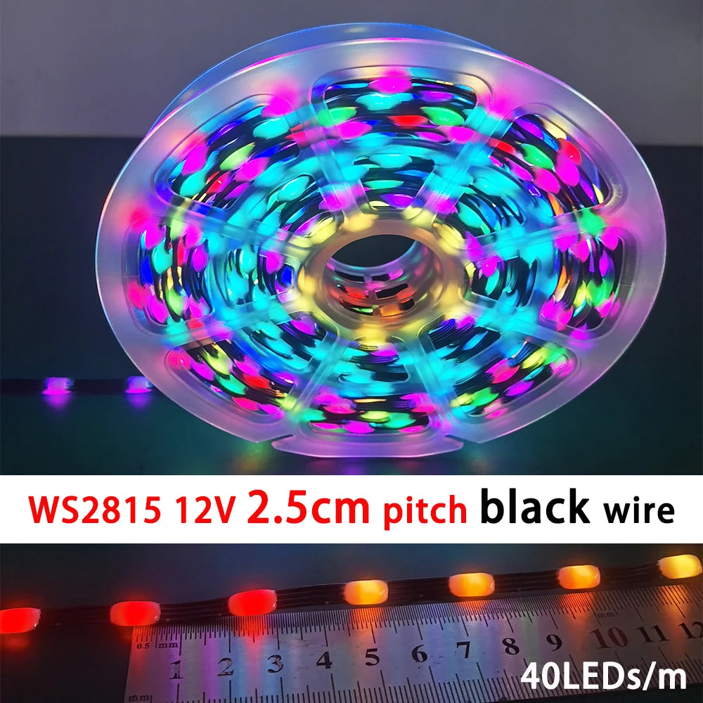 A circular LED light module with multiple colored LEDs mounted on a black wire, showing 40 LEDs per meter.