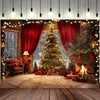 Festive Christmas tree decorated with lights and ornaments in a rustic fireplace backdrop setting