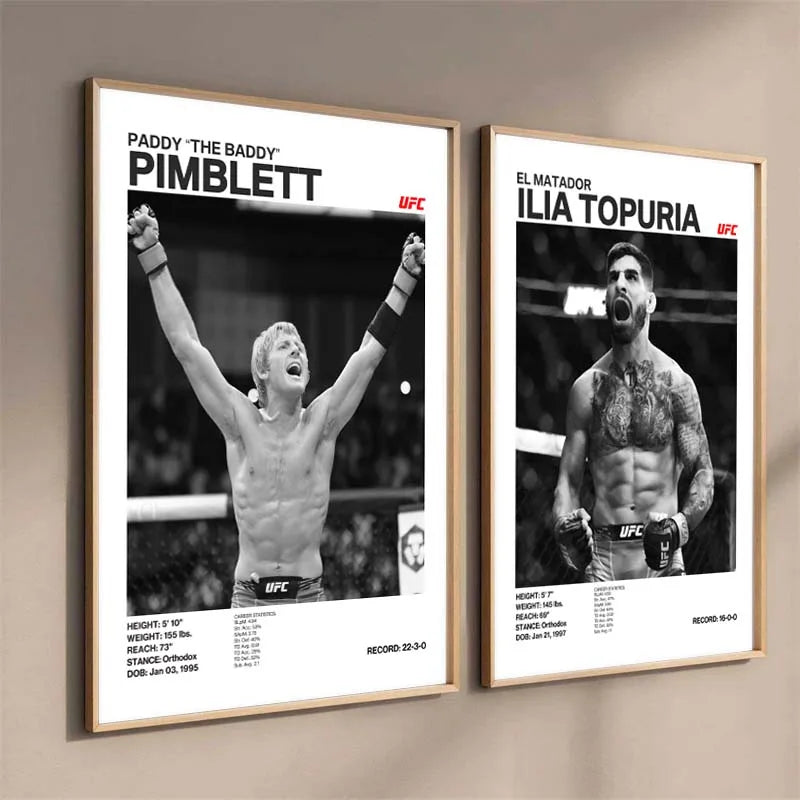 Arte en lienzo enmarcado con una foto en blanco y negro de Paddy Pimblett en un ambiente de UFC