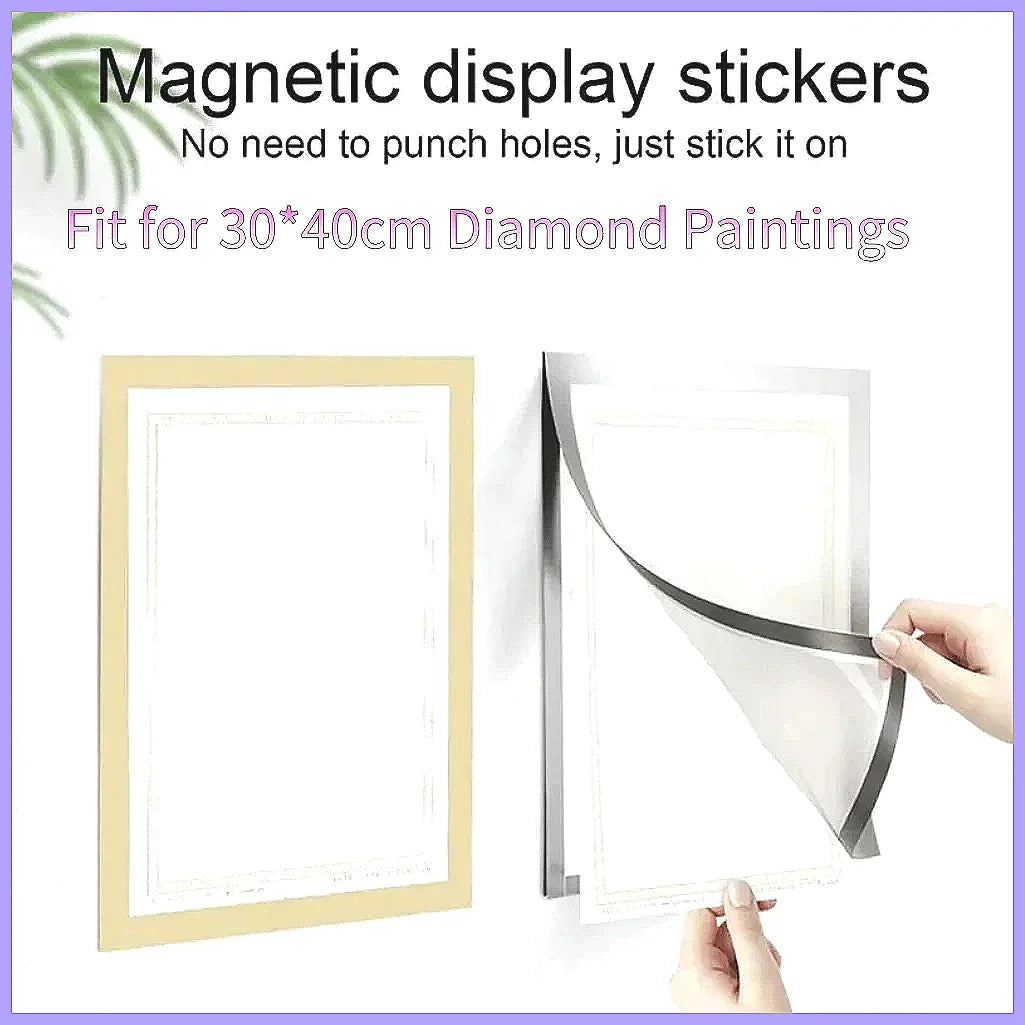 Magnetic display stickers fit for 30x40cm diamond paintings shown being applied to a framed picture.