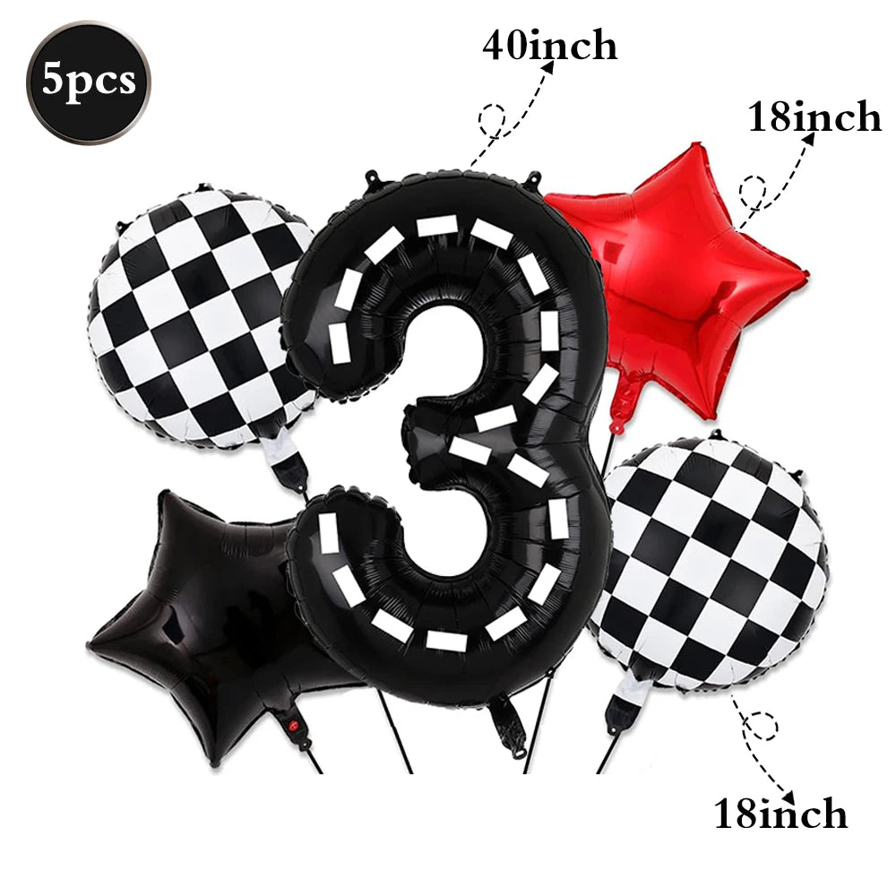 A set of five black and white checkered and solid red foil balloons shaped like the number three and a star.