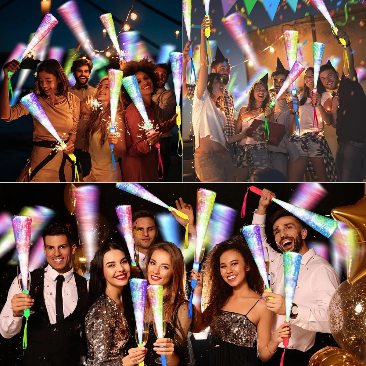 Group of people celebrating with LED fiber optic glow wands in various colors and flash modes